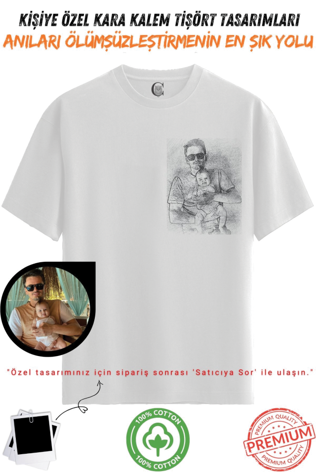 Kişiye Özel Karakalem Tişört | Fotoğraftan Baskı | Aile Evcil Hayvan Tasarım | %100 Pamuk Unisex v4