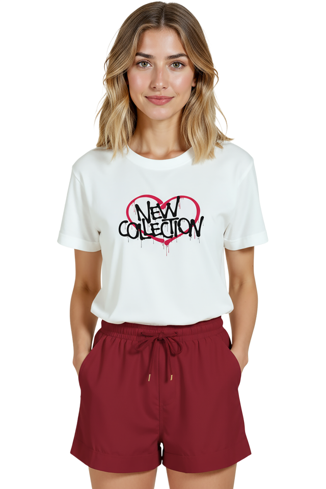 Kadın Beyaz Relaxed Fit %100 Pamuk Tişört – Grafiti Kalp & “NEW COLLECTION” Baskılı