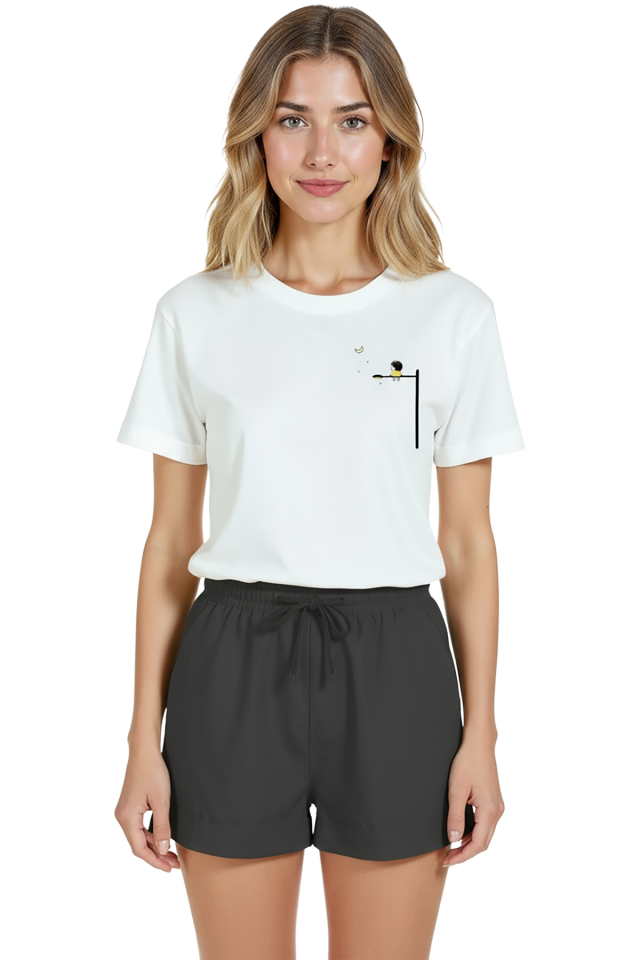 Kadın Beyaz Relaxed Fit %100 Pamuk Tişört – Minimal Sokak Lambası Baskılı