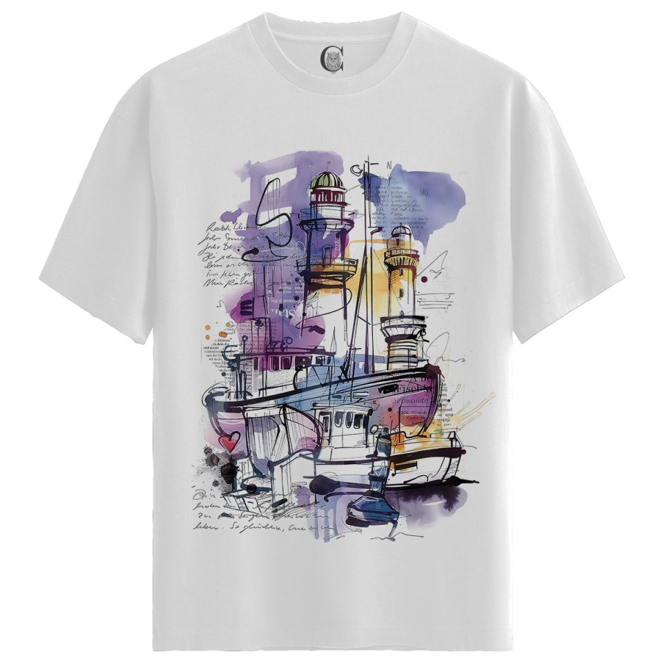 Abstract Harbor - %100 Pamuklu Kadın Beyaz Tişört - Premium Quality