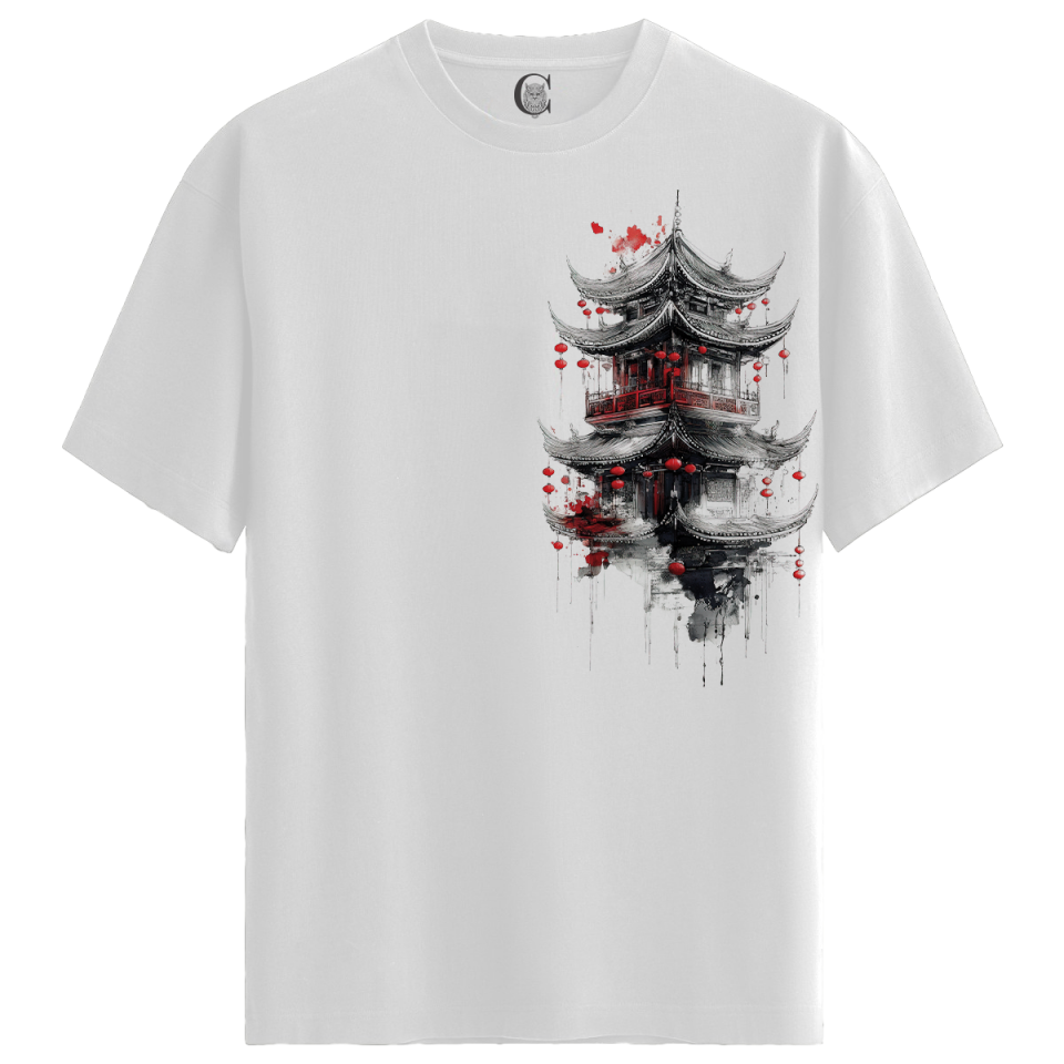 Timeless Pagoda - %100 Pamuklu Erkek Beyaz Tişört - Premium Quality