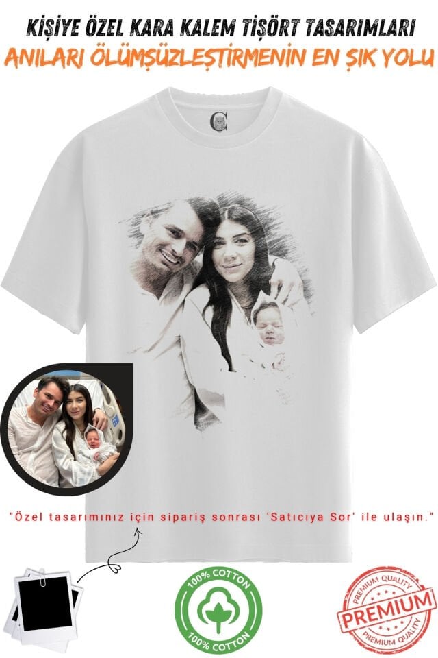 Kişiye Özel Karakalem Tişört | Fotoğraftan Baskı | Aile Evcil Hayvan Tasarım | %100 Pamuk Unisex v9