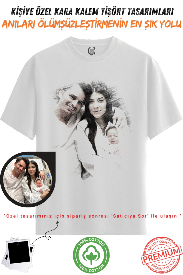 Kişiye Özel Karakalem Tişört | Fotoğraftan Baskı | Aile Evcil Hayvan Tasarım | %100 Pamuk Unisex v9