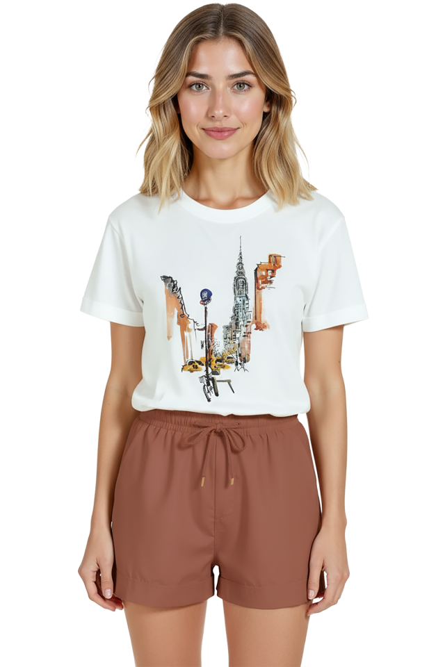Kadın Beyaz Relaxed Fit %100 Pamuk Tişört – New York Sokak & Chrysler İllüstrasyonlu