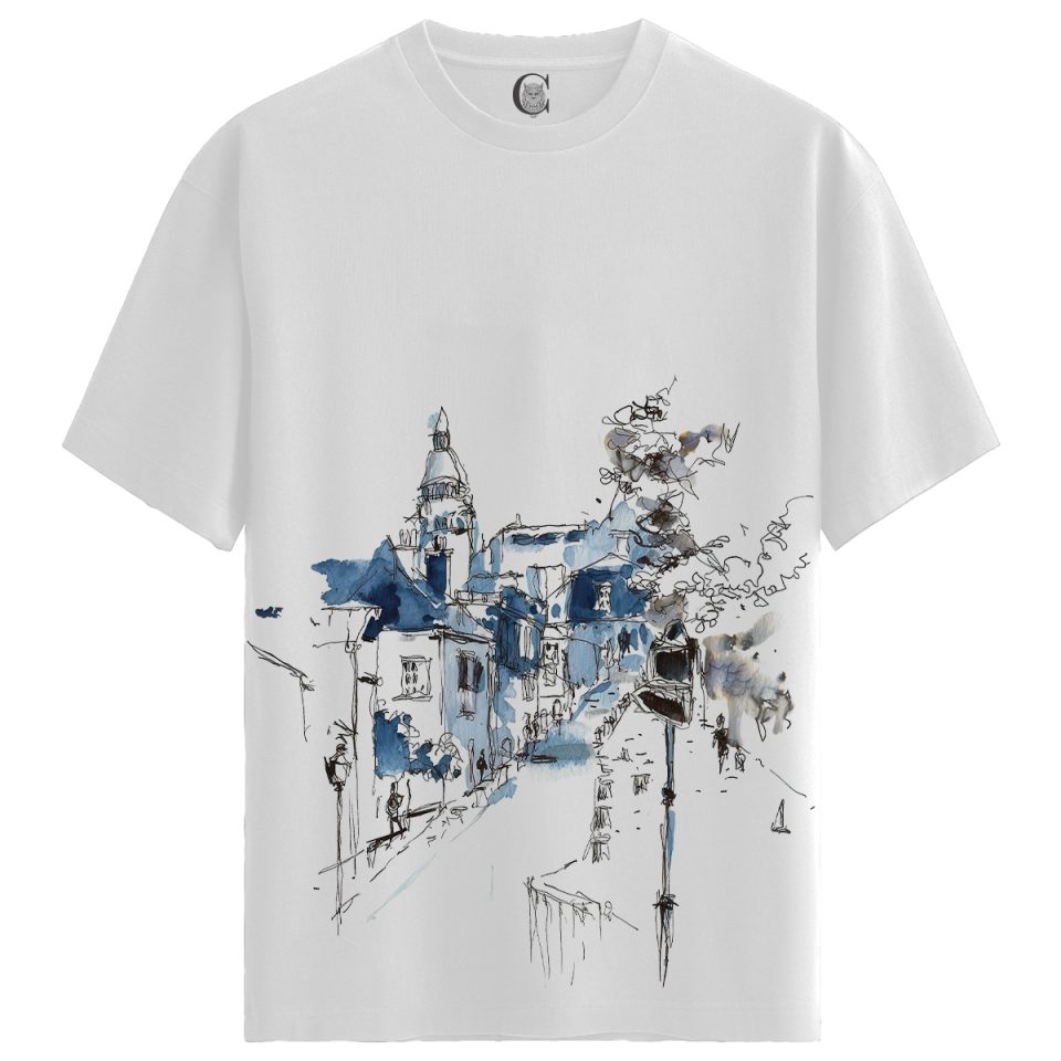 Blue Cityscape - %100 Pamuklu Kadın Beyaz Tişört - Premium Quality