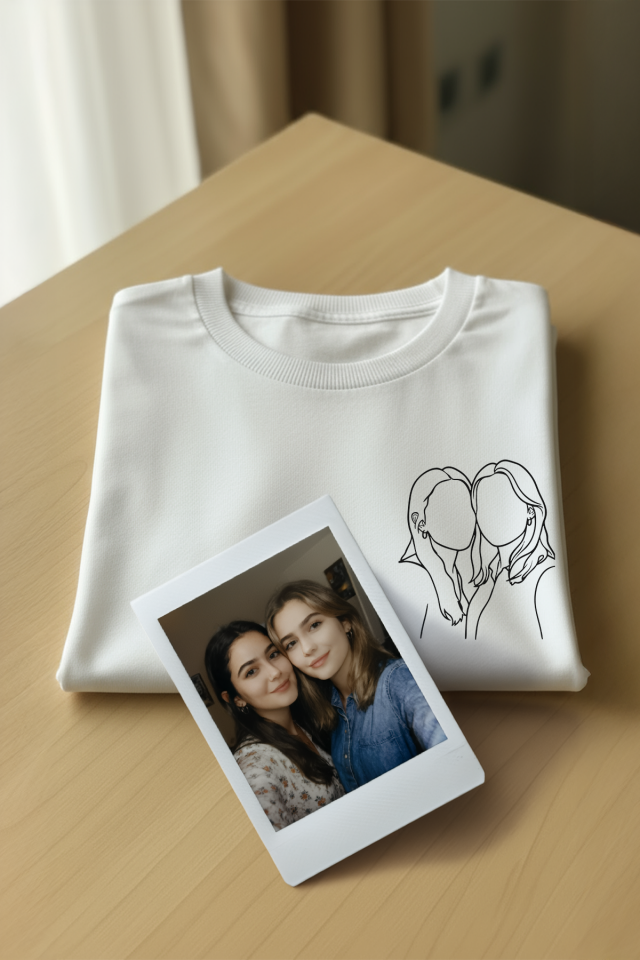 Çizgisel Kişiye Özel Fotoğraf Çizim Baskılı T-Shirt