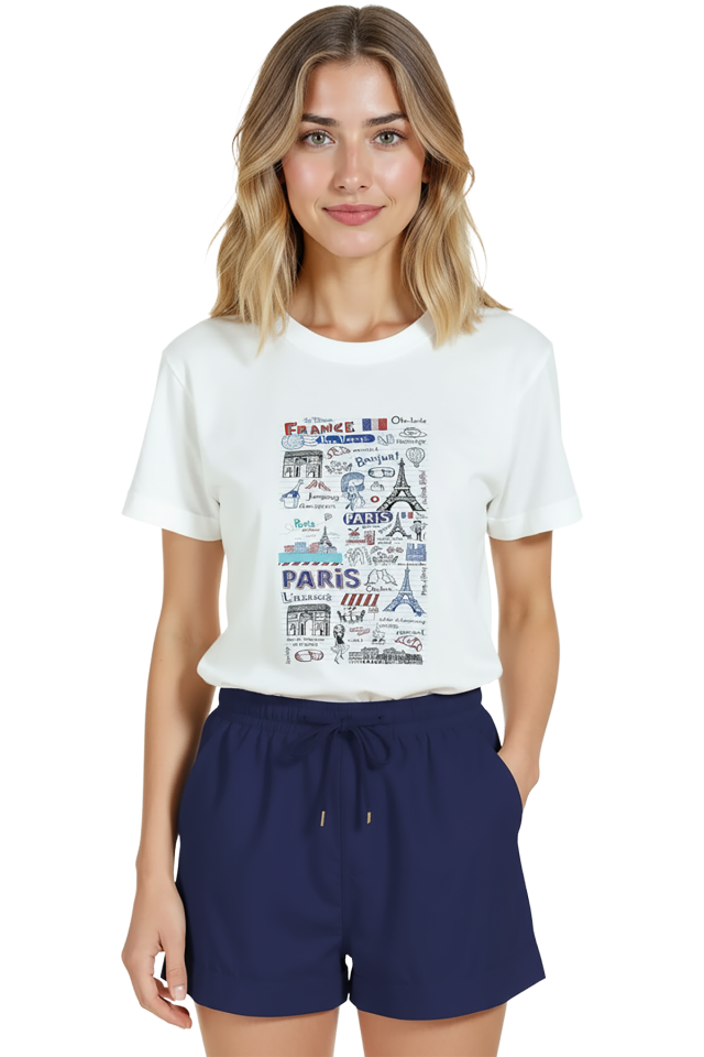 Kadın Beyaz Relaxed Fit %100 Pamuk Tişört – Paris Karikatür Tipografi Baskılı