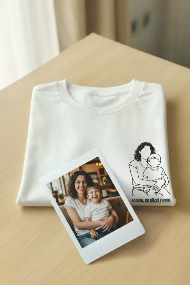 Çizgisel Kişiye Özel Fotoğraf Çizim Baskılı T-Shirt
