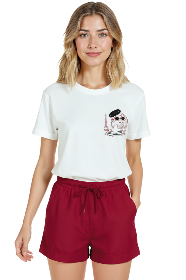 Kadın Beyaz Relaxed Fit %100 Pamuk Tişört – Parisli İkon & Karakalem Portre Baskılı