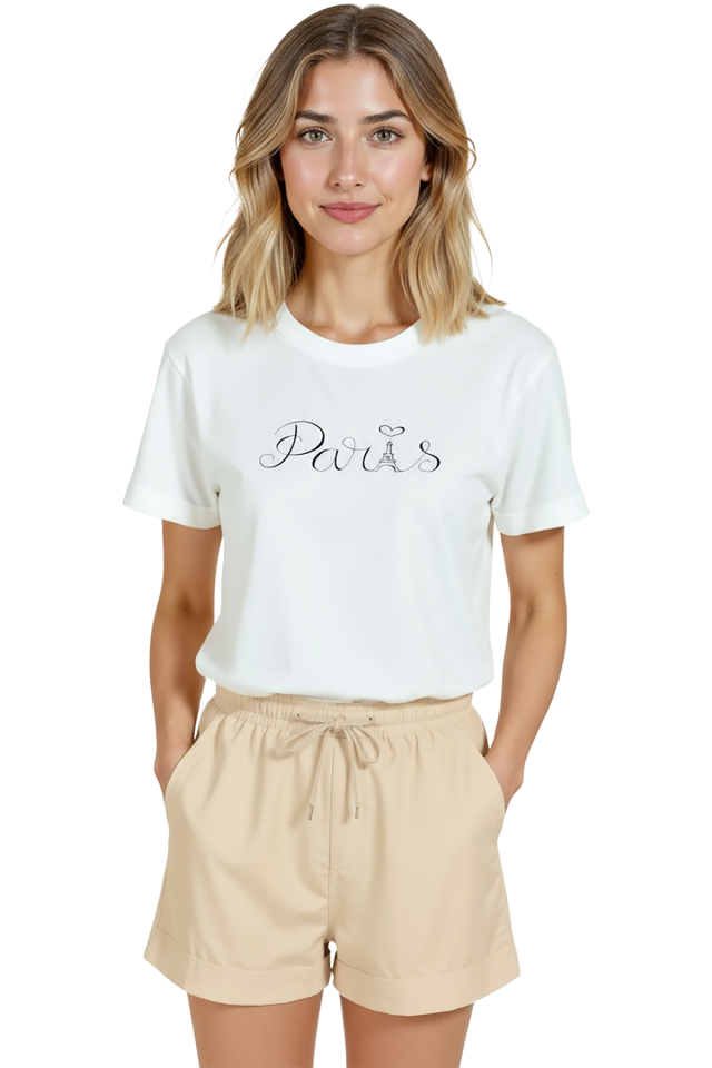 Kadın Beyaz Relaxed Fit %100 Pamuk Tişört – El Yazısı “Paris” & Eyfel İllüstrasyonlu
