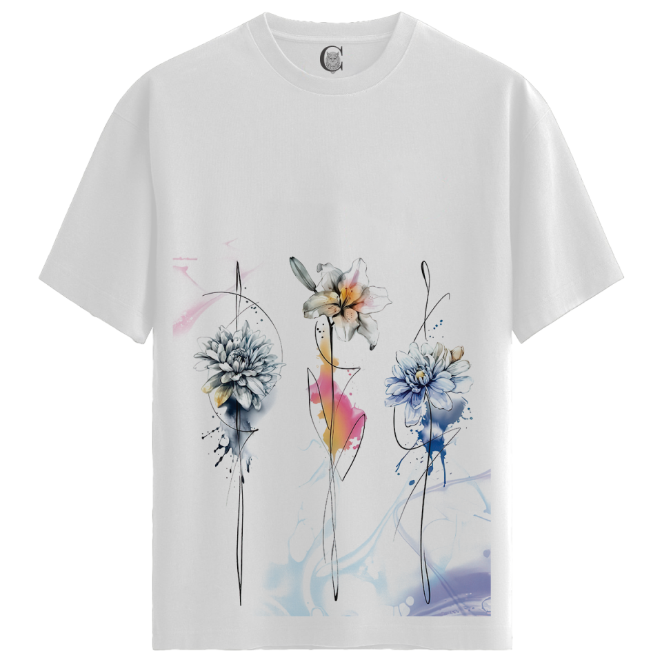Abstract Blooms - %100 Pamuklu Kadın Beyaz Tişört - Premium Quality