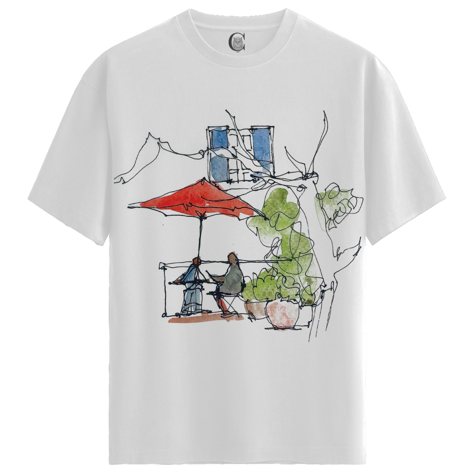 Cafe Sketch - %100 Pamuklu Kadın Beyaz Tişört - Premium Quality